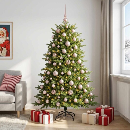 vidaXL Kunstig juletre med julekuler 210 cm 300 LED-lys Varmhvit