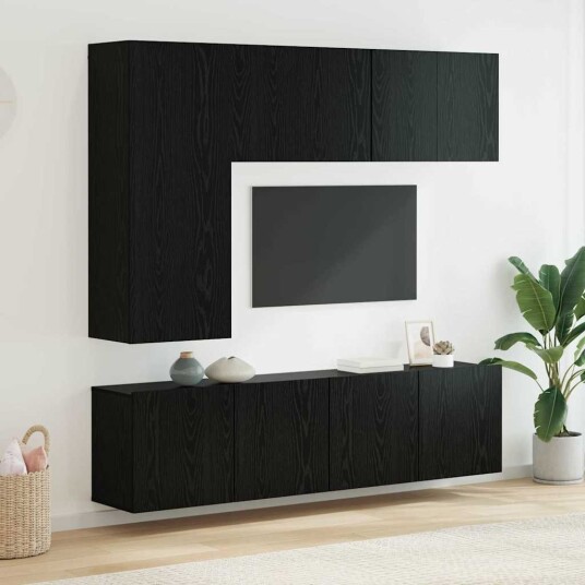TV Vegg enhet Veggmontert 5 pcs Svart Eik Konstruert tre TV Vegg enhet Veggmontert 5 pcs Svart Eik Konstruert tre
