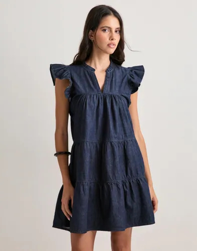 Only Blå Onlshania S/L Frill Short Dnm Dress