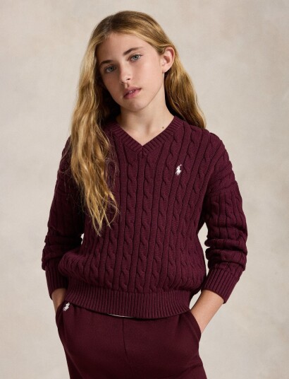Ralph Lauren Kids Cable Knit Cotton V Neck Sweater Burgundy L