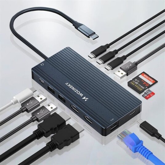 USB C Hub 14 i 1 Wozinsky WDS03Y5S aluminium 4K for tre skjermer 100 W PD 10 Gbps USB C Hub 14 i 1 Wozinsky WDS03Y5S aluminium 4K for tre skjermer 100 W PD 10 Gbps