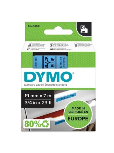 DYMO D1 tape, 19mm x 7m rull, sort på blå, selvklebende tape til LabelManager printere, original
