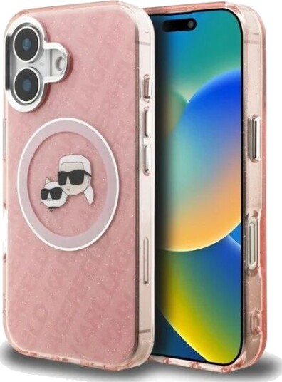 Karl Lagerfeld IML Glitter Karl & Choupette Heads Logo MagSafe iPhone 16 Case - Pink