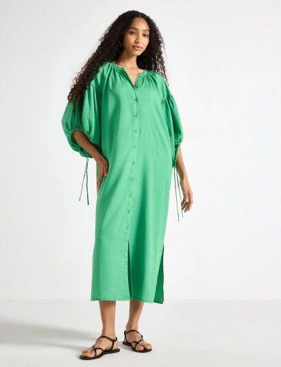 Lindex Midi Dress In Linen Blend   Green   XL