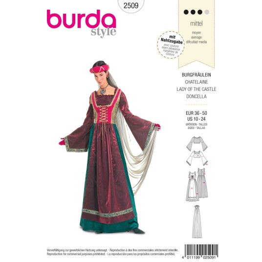 Burda 2509 - Slottsfrue EUR: 36-50, US: 10-24