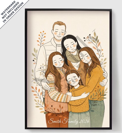 Personalisert Plakat Familieportrett Illustrasjon AI Plakat