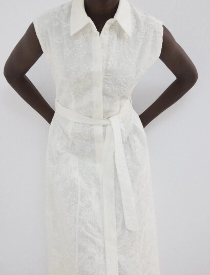 Mango Embroidered Belt Dress Beige XS Mango Embroidered Belt Dress Beige XS