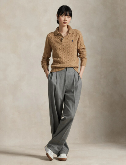 Polo Ralph Lauren Cable-Knit Wool-Cashmere Polo Sweater - Beige - XL Polo Ralph Lauren Cable-Knit Wool-Cashmere Polo Sweater - Beige - XL