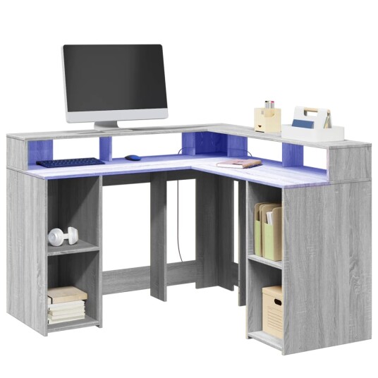 Skrivebord med LED-lys grå sonoma 130x130x91 cm konstruert tre