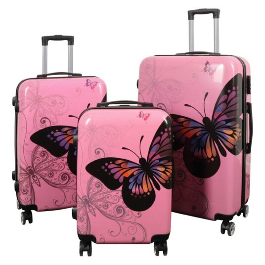 Borg Living Koffertsett - 3 stk. - Koffert med motiv - Rosa sommerfugl - Hardcase lettvektskoffert med 4 hjul Borg Living Koffertsett - 3 stk. - Koffert med motiv - Rosa sommerfugl - Hardcase lettvektskoffert med 4 hjul