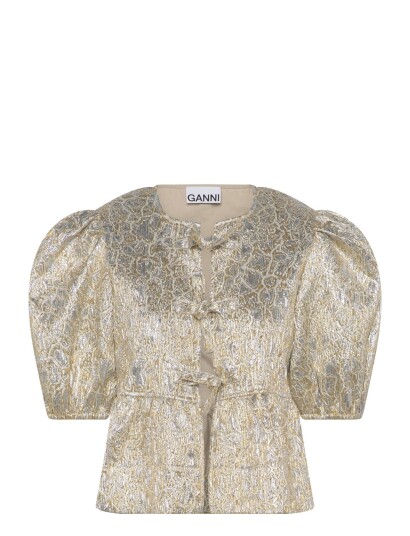 GANNI Metallic Cloque Pepum Tie String Blouse Gold 40 GANNI Metallic Cloque Pepum Tie String Blouse Gold 40