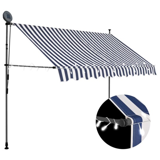 vidaXL Manuell uttrekkbar markise med LED 250 cm blå og hvit