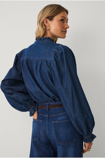 Ellos Collection Denimbluse med volanger Blå