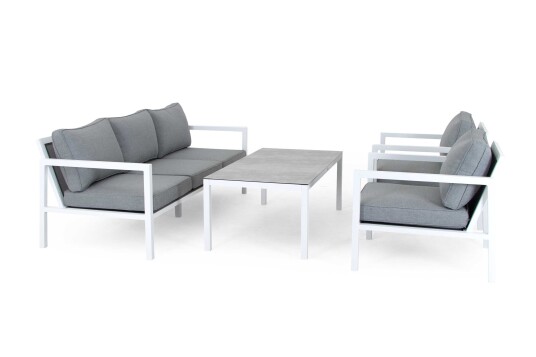 Brafab Belfort sofagruppe Vit med grå dyna 3 seter sofa & 2st lenestoler & sofabord 140x70 cm