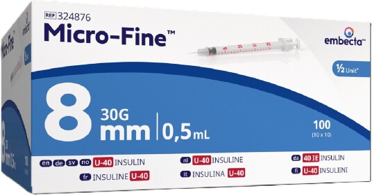 Embecta Micro-Fine Insulinsprøyte U-40 0.5ml 30G 0.30x8mm 100 stk