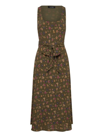 Lauren Ralph Lauren Floral Belted Crepe Sleeveless Dress - Green - 32