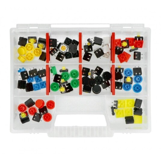Sett med 50 trykkbrytere 12x12mm fargerike hetter praktisk organizer