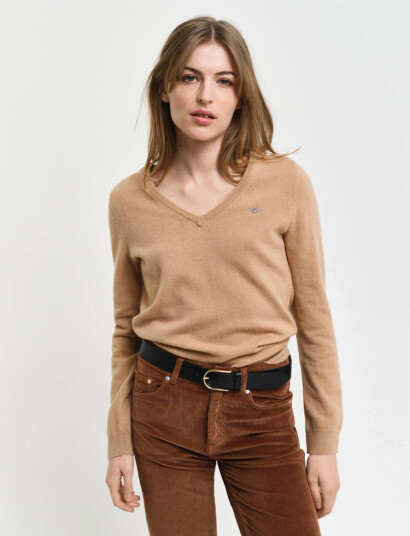 Gant Extrafine Lambswool Blend V Neck Beige XS