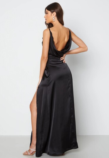 Bubbleroom Occasion Drapy-Back Slit Satin Gown Black 34
