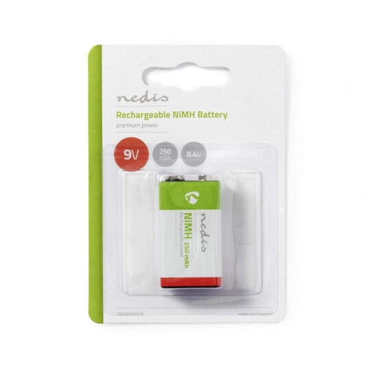 Oppladbare batteri E-blokk | 8.4 V DC | 250 mAh | Forhånds ladet | 1-Blister | 6LR61 | Grøn / Rød Oppladbare batteri E-blokk | 8.4 V DC | 250 mAh | Forhånds ladet | 1-Blister | 6LR61 | Grøn / Rød