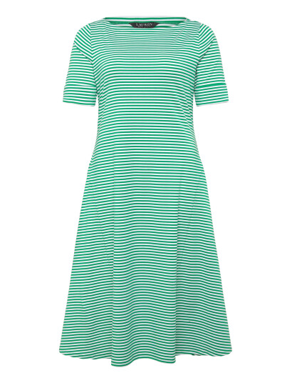 Lauren Women Striped Stretch Cotton Ribbed Midi Dress   Green   50 52