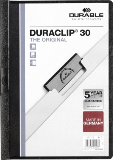 Durable Duraclip 30   Klipsfil   For A4 210 X 297 Mm   Kapasitet: 30 Ark   Svart Med Transparent Frontdeksel