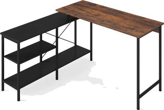 Vendbart L formet skrivebord med hyller – Rustikk brun