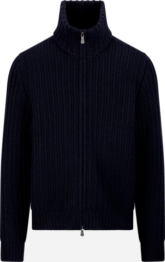 Gran Sasso Full zip rib high neck wool cashmere 48 blå herre