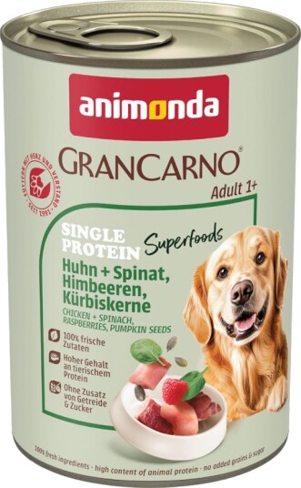 Animonda Grancarno våtfôr Adult Sparepakke GranCarno Single Protein Superfoods + spinat bringebær gresskarkjerner Kylling 24 x 400 g
