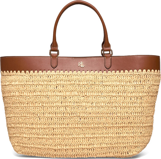 Lauren Ralph Lauren Leather Trim Straw Large Kyla Tote Bag Beige ONE SIZE