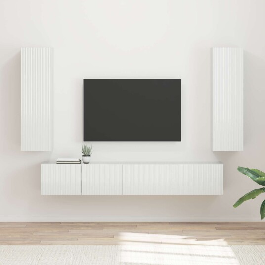 TV benksett Veggmontert 3 pcs Høyglanset hvit Konstruert tre TV benksett Veggmontert 3 pcs Høyglanset hvit Konstruert tre