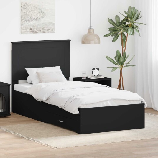  Sengestamme med skuff Svart og sølv 100 x 200 cm Konstruert tre