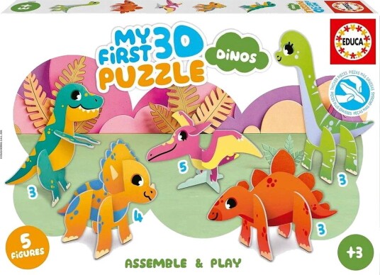Educa 3D Puslespill 18 Brikker/5 Figurer My First Dinos Educa OneSize Puslespill Grønn Gul Oransje Rosa