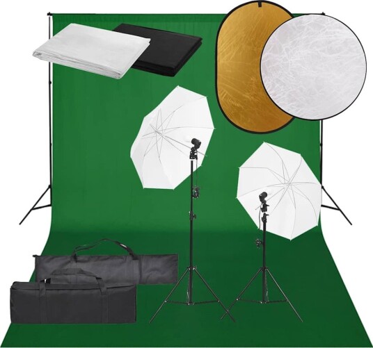 vidaXL Fotostudiosett med lyssett, bakgrunn og reflektor