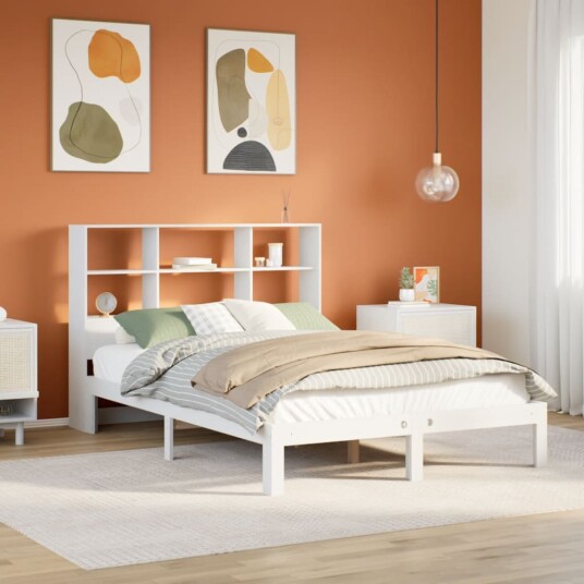 Seng med bokhylle uten madrass hvit 120x200 cm heltre furu