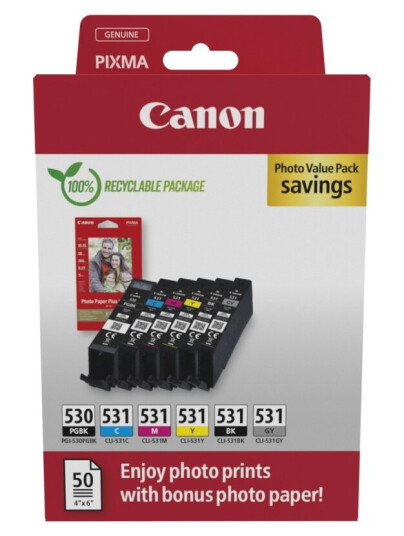 Canon Pgi-530/Cli-531 Pvp Sort Cyan Grå Fiolblå Foto Sort Gult 6 Stykker Fotoverdipakke Canon Pgi-530/Cli-531 Pvp Sort Cyan Grå Fiolblå Foto Sort Gult 6 Stykker Fotoverdipakke