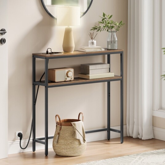 Konsollbord 20×80×80 cm / smalt sidebord med stikkontakter USB porter og to hyller Konsollbord 20×80×80 cm / smalt sidebord med stikkontakter USB porter og to hyller