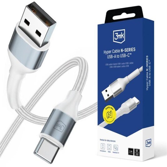 3mk Hyper Cable N SERIES USB A / USB C 1m 9V/2A 18W / hvit
