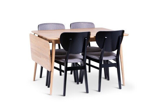 Odense Uttrekkbar Spisegruppe 120 160 cm med 4 Borgholm Stoler i heltre Natur/Svart