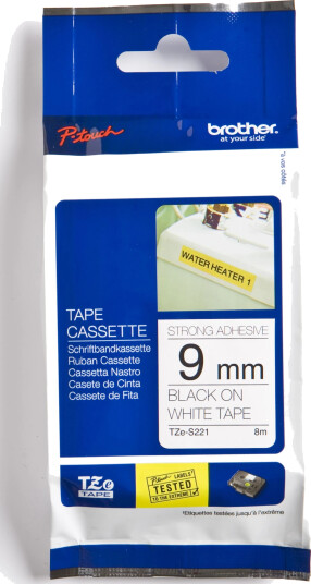 Brother P-Touch Tape Sort på Hvit 9mm Ekstra Klebende (8m)