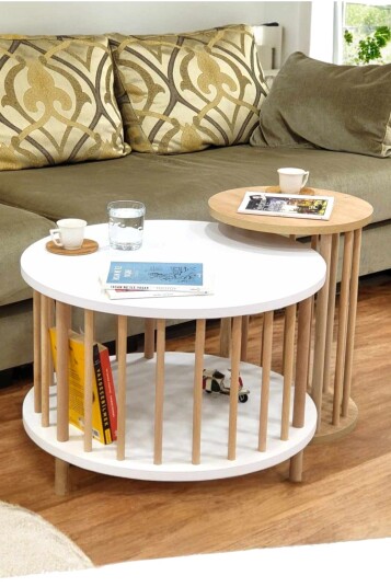 Sofabordsett Hanah Home Peka Set Pro Ø60 x H43 cm Hvit Sapphire eik Hvit og safireik