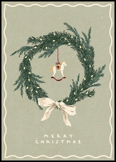 Horses toy on Christmas wreath with bow Poster Plakat / 40x50cm