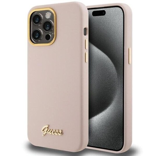 Guess Guhcp15xsmbslp Iphone 15 Pro Max 6,7" Rosa/Rosa Hardcase Silikonskrift Metalllogo Og Ramme