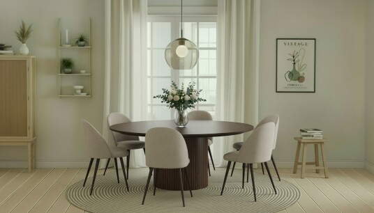 Bark Kopparbo Rundt Spisebord 180 cm med 6 Nibe Plus Spisestoler Valnøtt / Greige Bouclé / Metallben Valnøtt