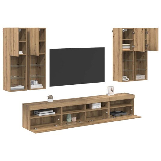 TV veggskapsett med LED lamper Veggmontert 7 pcs artisan eik
