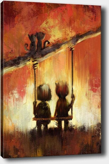 Lerretsbilde 70x100 cm To figurer som sitter på en huske under en varm fargerik himmel Rød / Oransje / Gul