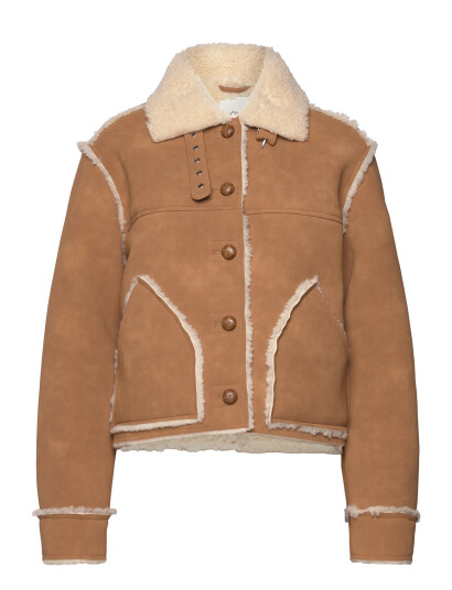 Monki Faux Leather Shearling Jacket - Brown - XS