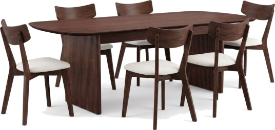 Alma spisegruppe 220 cm rektangulær i valnøtt med 6 Amelia spisestoler med pute Valnøtt/beige