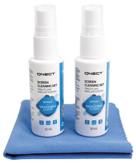 QNECT Rengjøringssett for skjerm spray 2 x 30 ml + mikrofiberklut