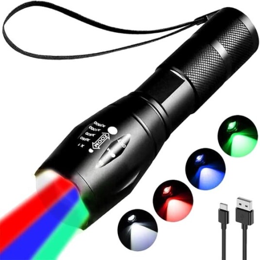 4 i 1 LED-lommelykt, 4 moduser for fotografering, zoombar flerfarget for fiske, camping, fotturer, daglig belysning